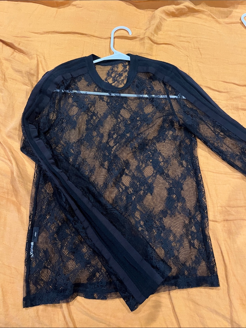 JNBY Sheer Black Lace Long Sleeve Top with Sleeve Stripe